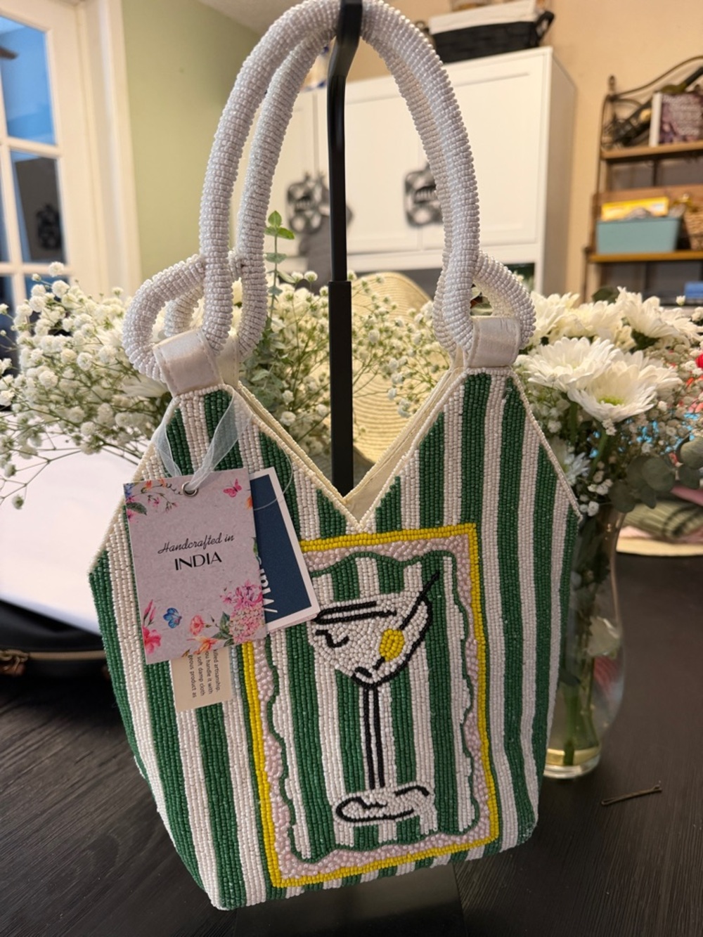 Marshalls Handcrafted Green & White Beaded Tote Bag - India